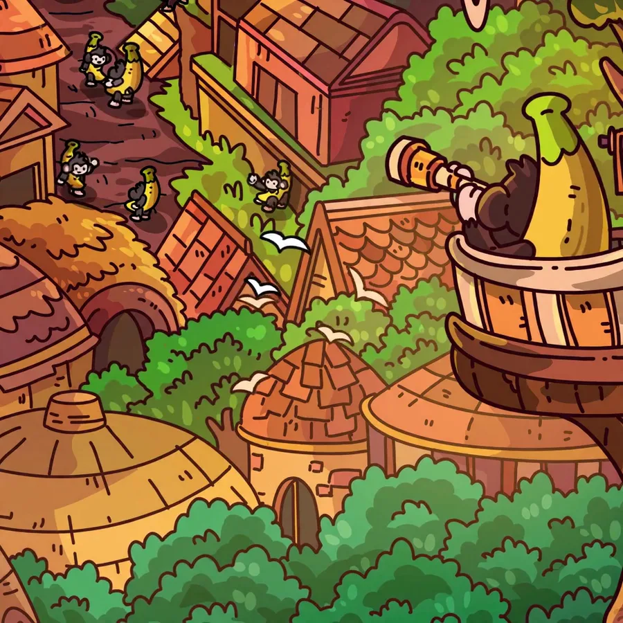 Monkey lookout scanning the banana village