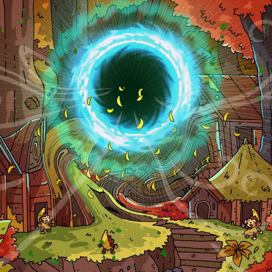 Glowing portal pulling in floating bananas